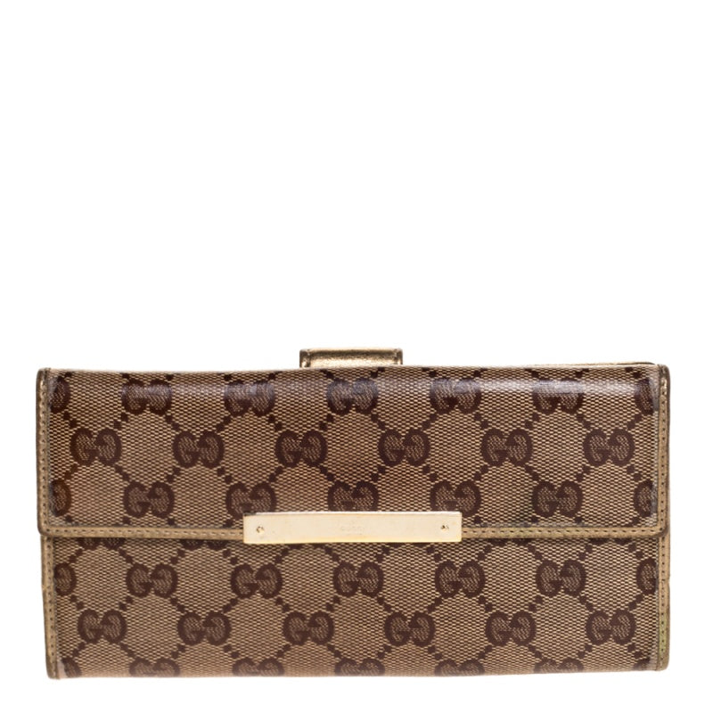 Luxury Gucci Trending 2025 Beige/Gold GG Crystal Canvas and Leather Logo Metal Plate Continental Wallet