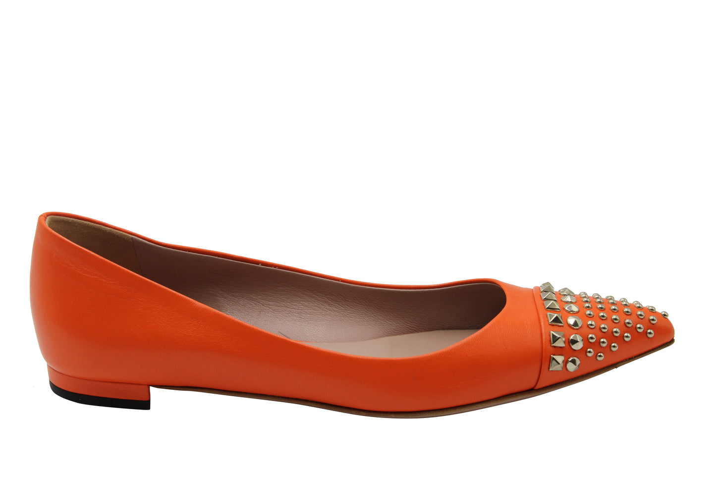 Luxury Gucci Trending 2025 Silver Studded Point-Toe Ballet Flats in Orange Leather