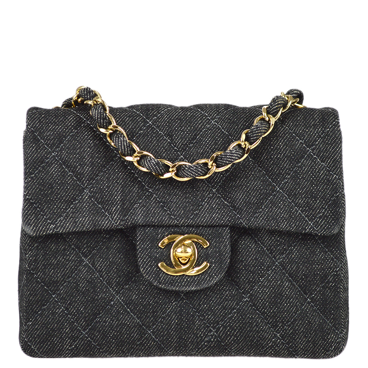 Luxury Chanel 1997-1999 Black Denim Mini Classic Square Flap Shoulder Bag 17