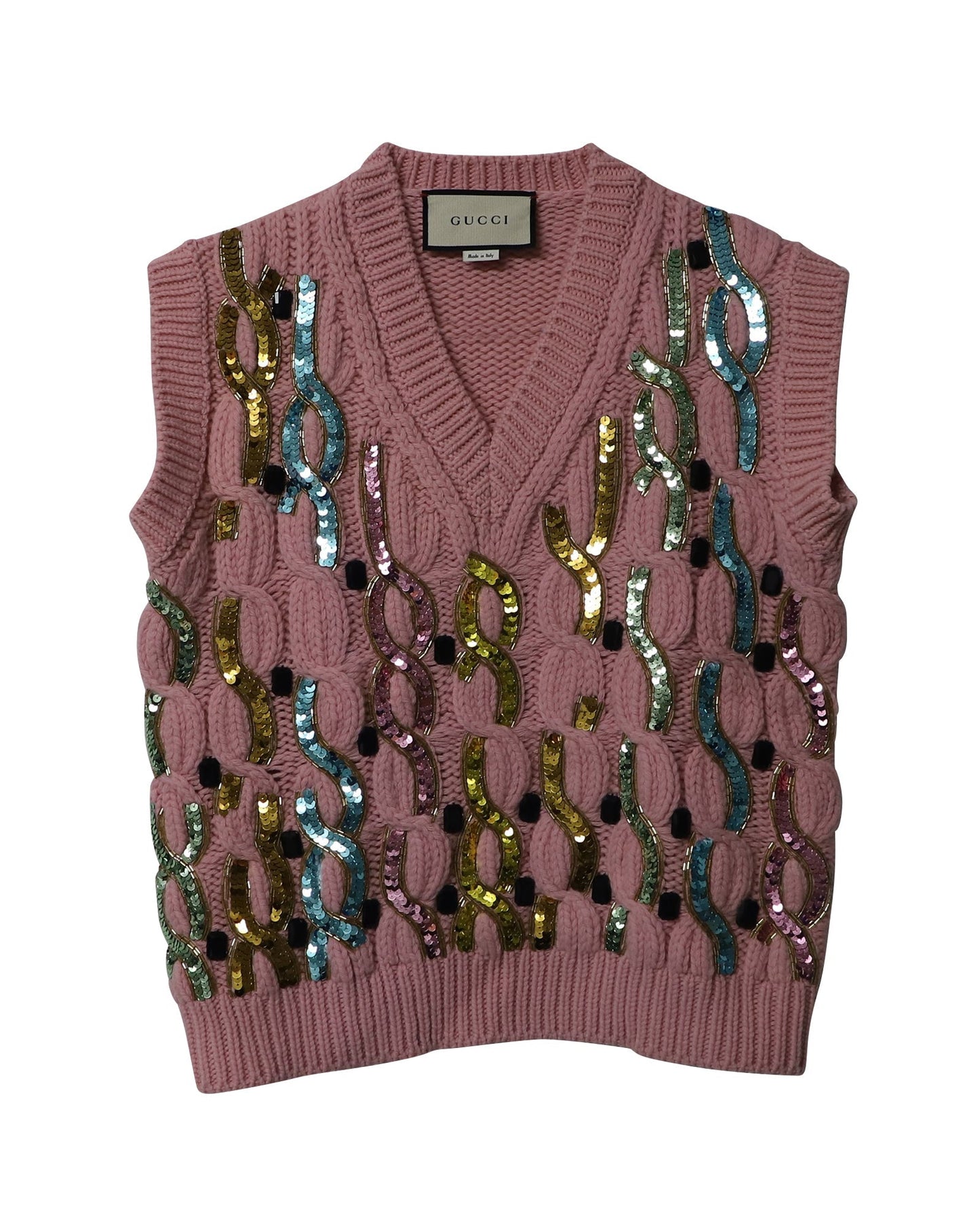 Luxury Gucci Trending 2025 Embellished Cable Knit Vest in Pink Wool