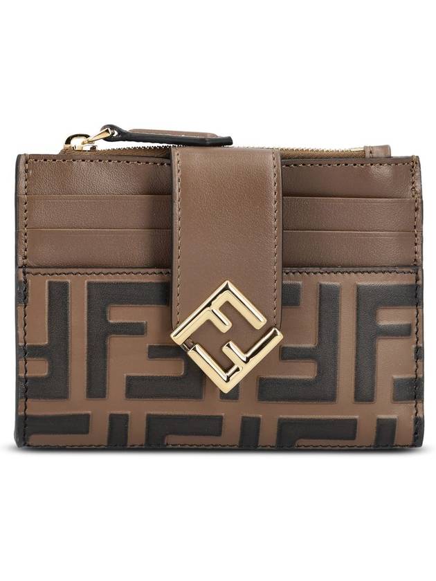 Luxury Fendi FF Diamond Embossed Logo Zip Card Holder Brown
