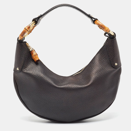 Luxury Gucci Trending 2025 Black Leather Bamboo Ring Hobo