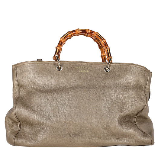 Luxury Gucci Trending 2025 Metallic Large Bamboo Shopper Bag in Beige Leather