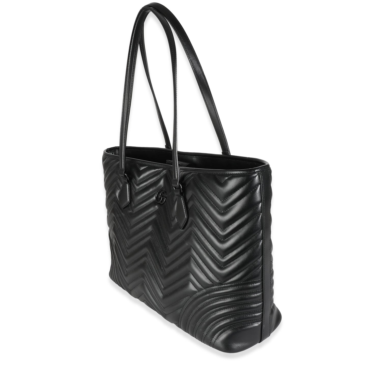 Luxury Gucci Trending 2025 Black Matelasse Chevron Calfskin GG Marmont Large Tote Bag