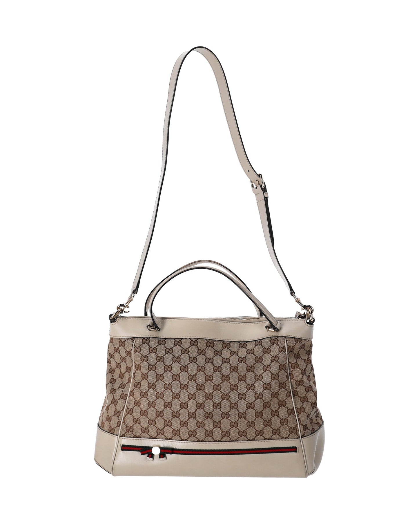 Gucci Mayfair Bow Large Top Handle Bag in Beige Canvas and White Leather