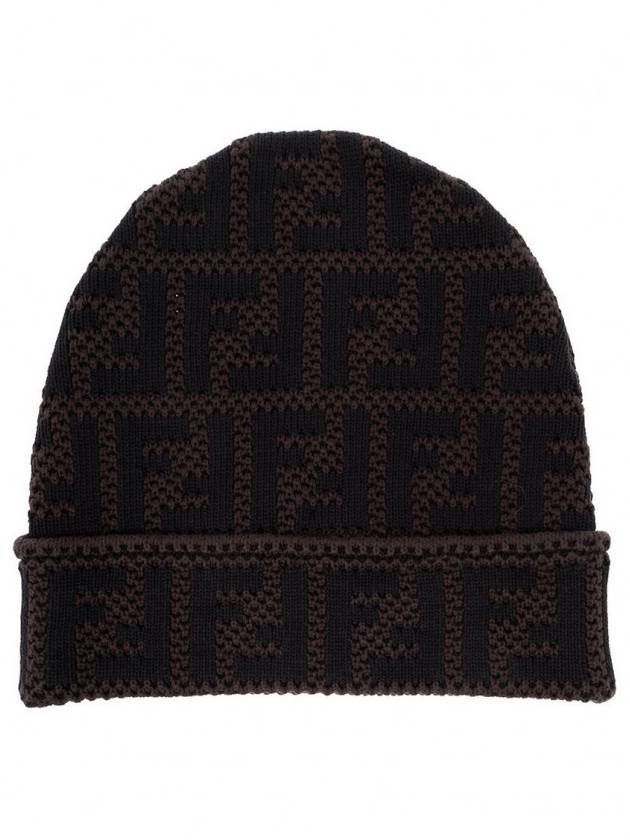 Luxury Fendi FF Jacquard Pattern Beanie Black Brown