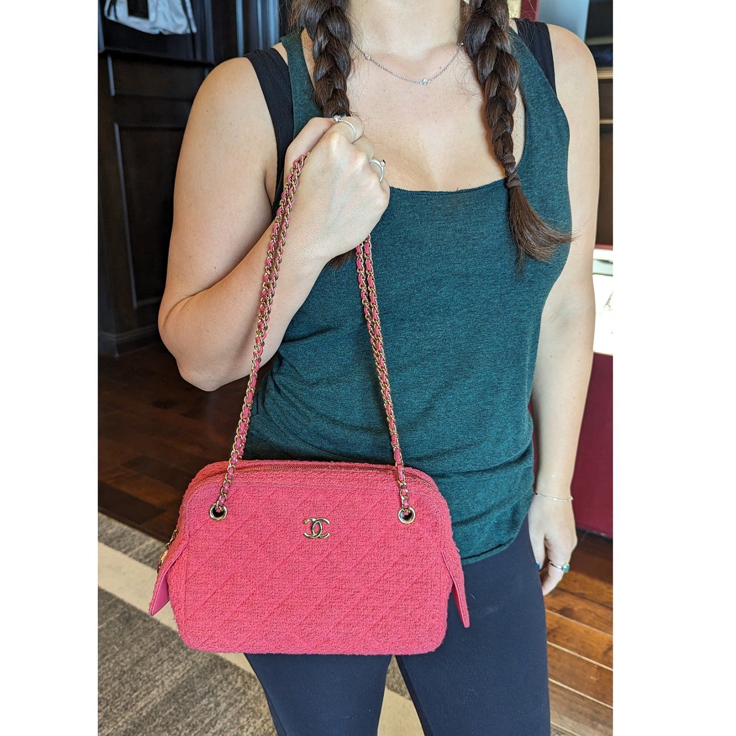 Luxury Chanel Pink Quilted Tweed CC Camera Case