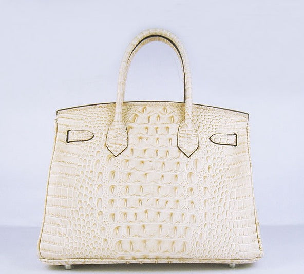 Luxury Hermes Birkin 30cm Crocodile Head Vein Handbags Beige Silver