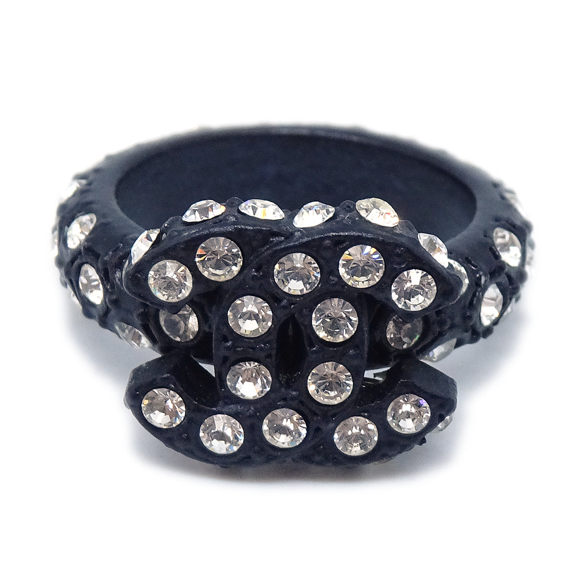 Luxury Chanel 2002 Black & Crystal CC Ring #6