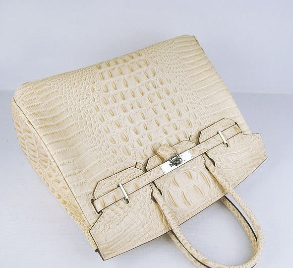 Luxury Hermes Birkin 35cm Crocodile Head Veins Handbags Beige Silver