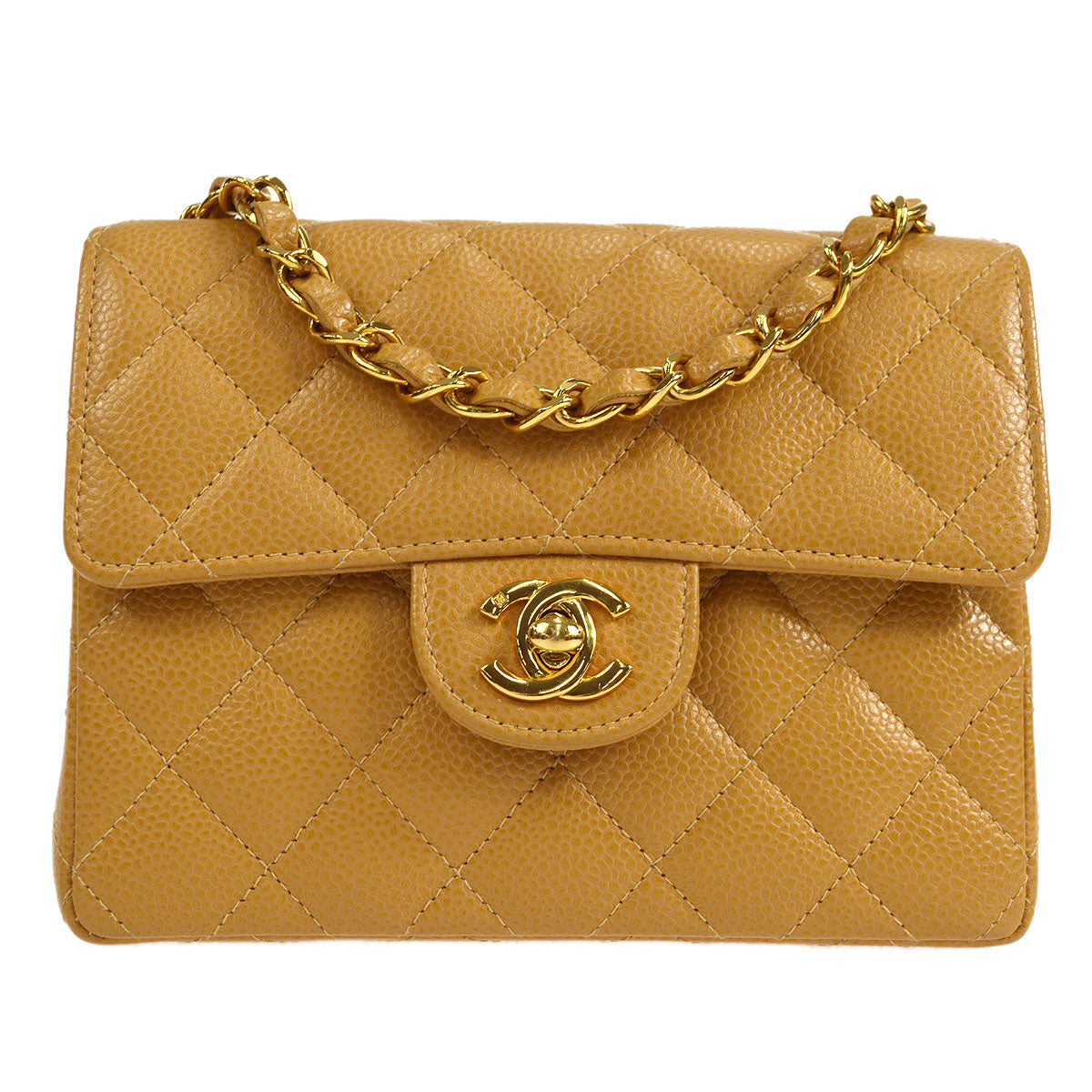 Luxury Chanel * 2003-2004 Classic Square Flap Mini 17 Beige Caviar