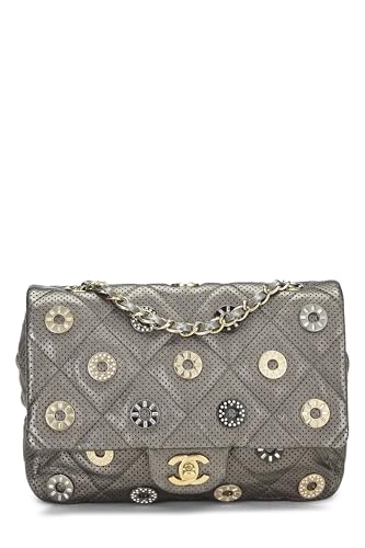 Chanel,  Paris-Dubai Silver Perforated Leather Medals Flap Bag Small, Silver