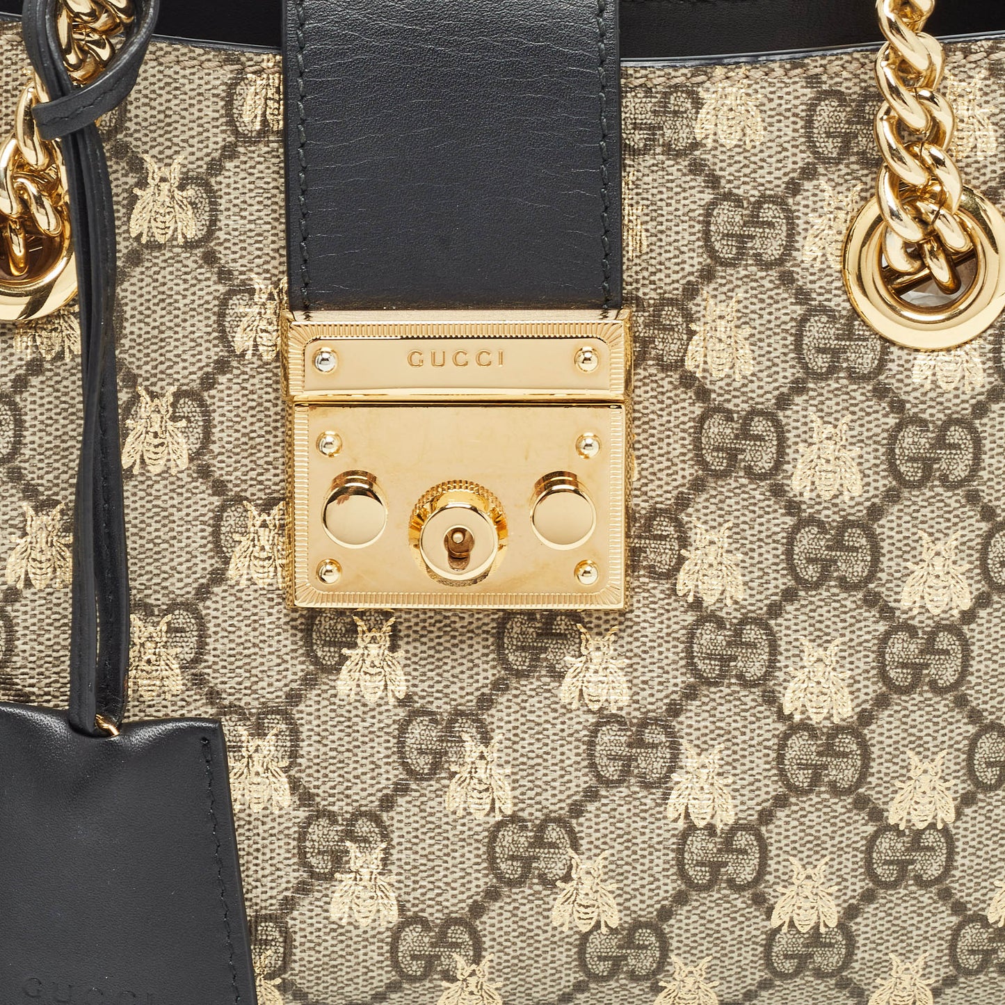 Luxury Gucci Trending 2025 Black/beige Gg Supreme Canvas And Leather Small Padlock Bee Tote