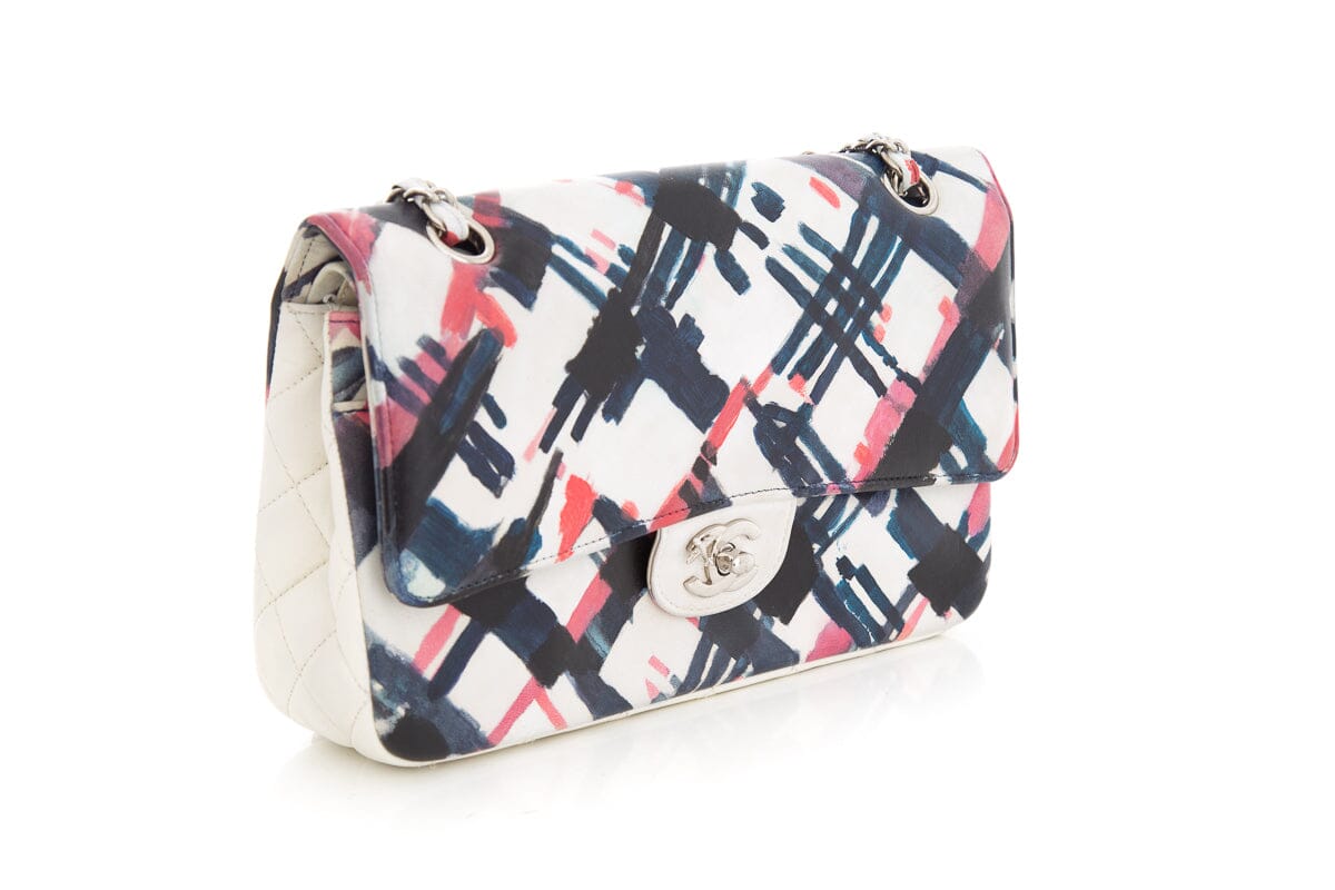 Luxury Chanel 2016 Blue and White Painted Print Lambskin Airline Classic Double Flap