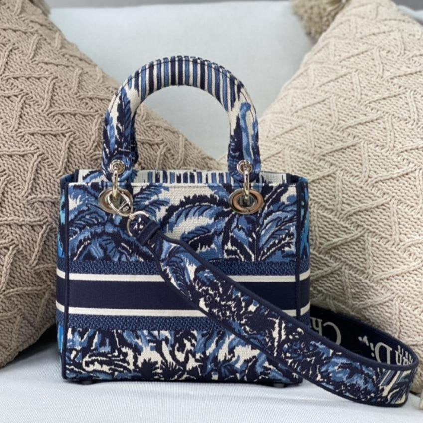 Luxury DiorMEDIUM LADY D-LITE BLUE PALMS EMBROIDERY