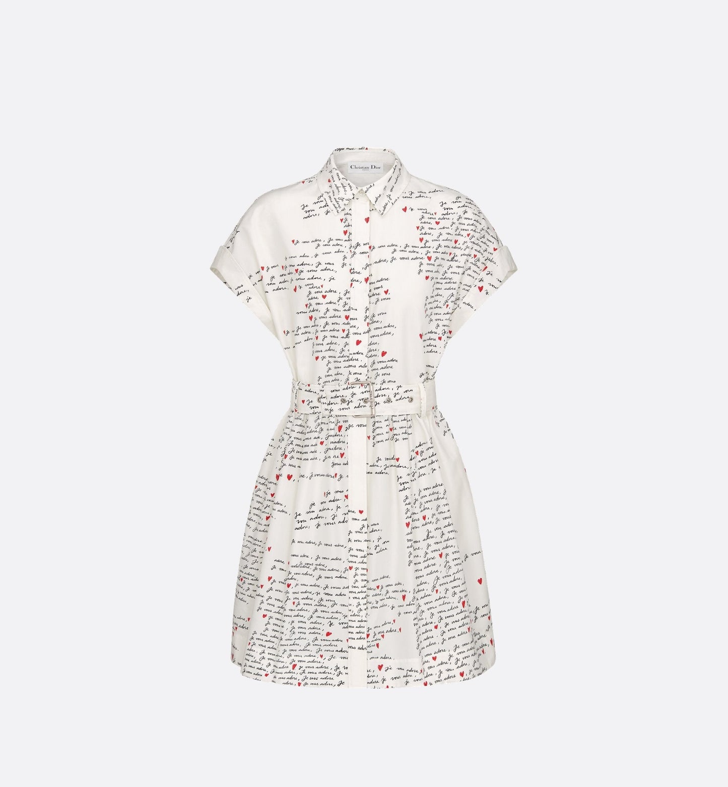 Luxury Dioramour Belted Shirtdress White Cotton And Silk Poplin With Black And Red Je Vous Adore Motif