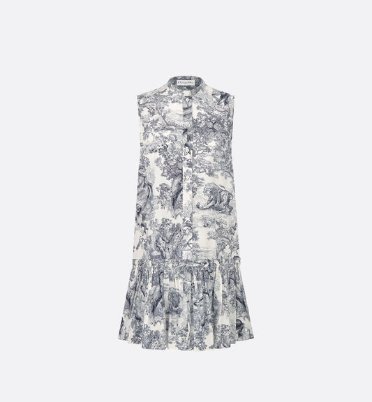 Luxury Dioriviera Straight Ruffled Dress White And Navy Blue Cotton And Silk Poplin With Toile De Jouy Sauvage Motif