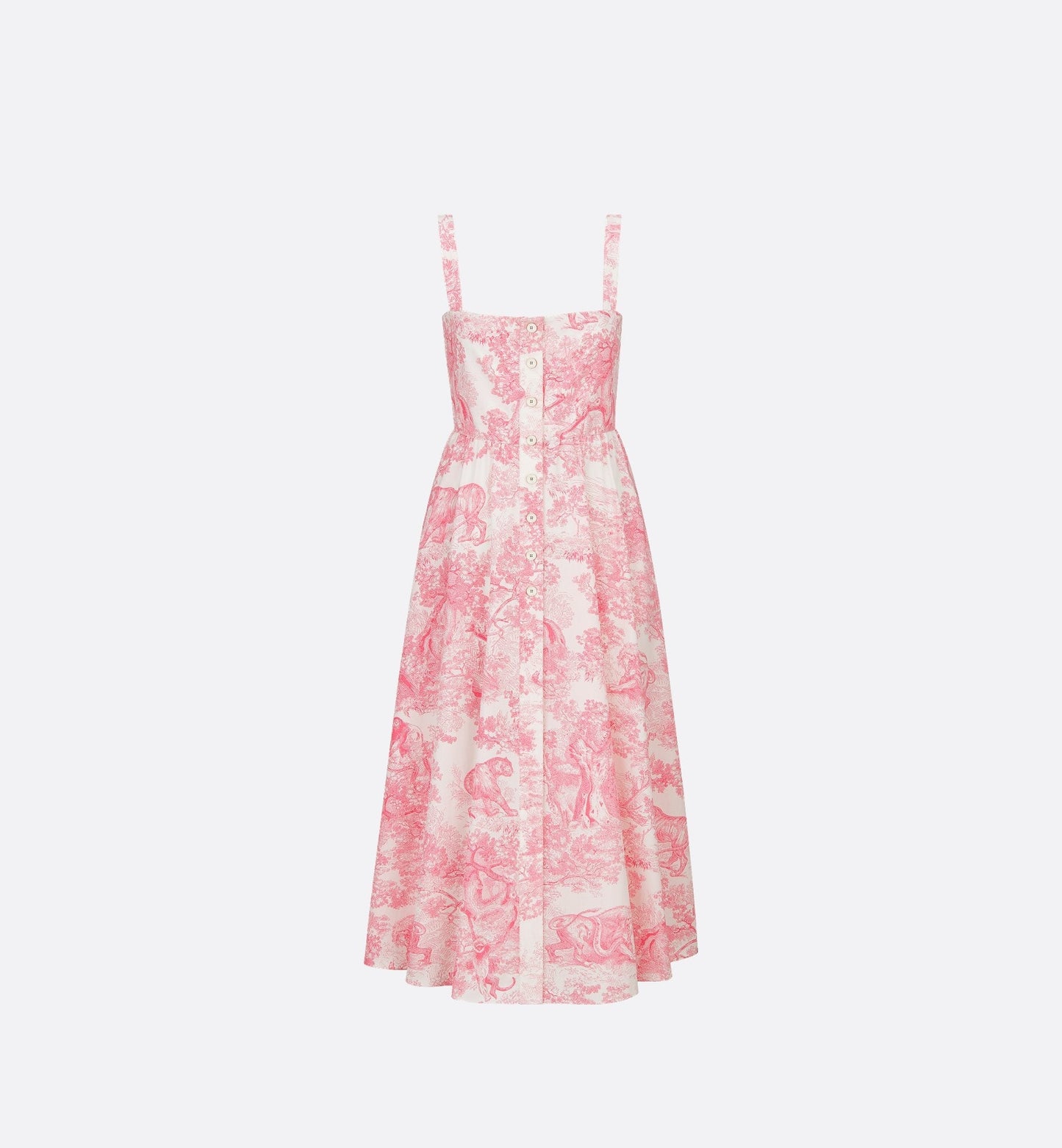 Luxury Dioriviera Flared Mid Length Dress White And Candy Pink Cotton And Silk Poplin With Toile De Jouy Sauvage Motif