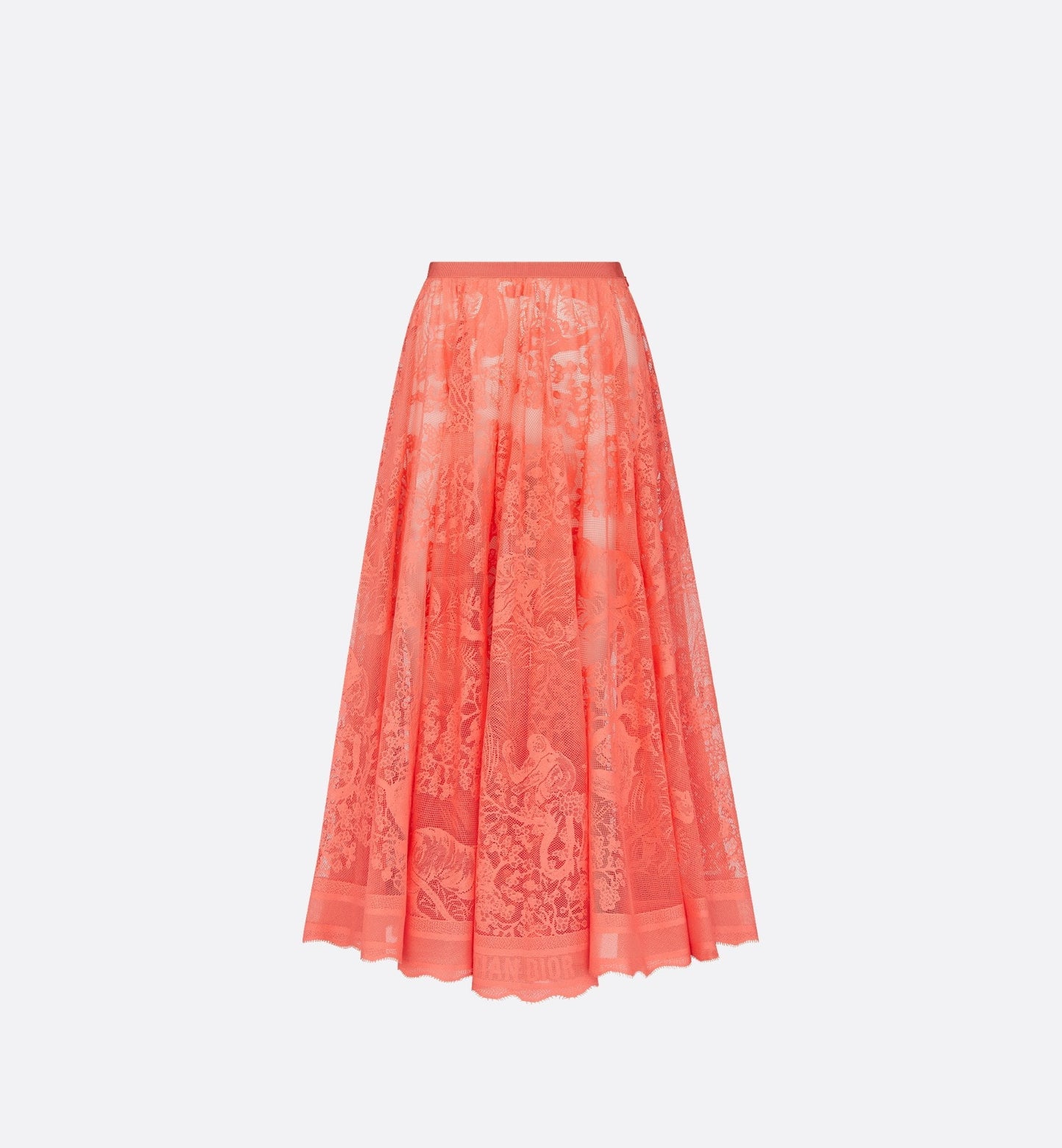 Luxury Dioriviera Flared Mid Length Skirt Coral Technical Cotton Lace