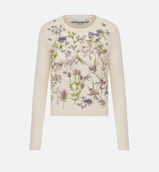 Embroidered Sweater White Cashmere Knit With Multicolor Luxury Dior Herbarium Motif