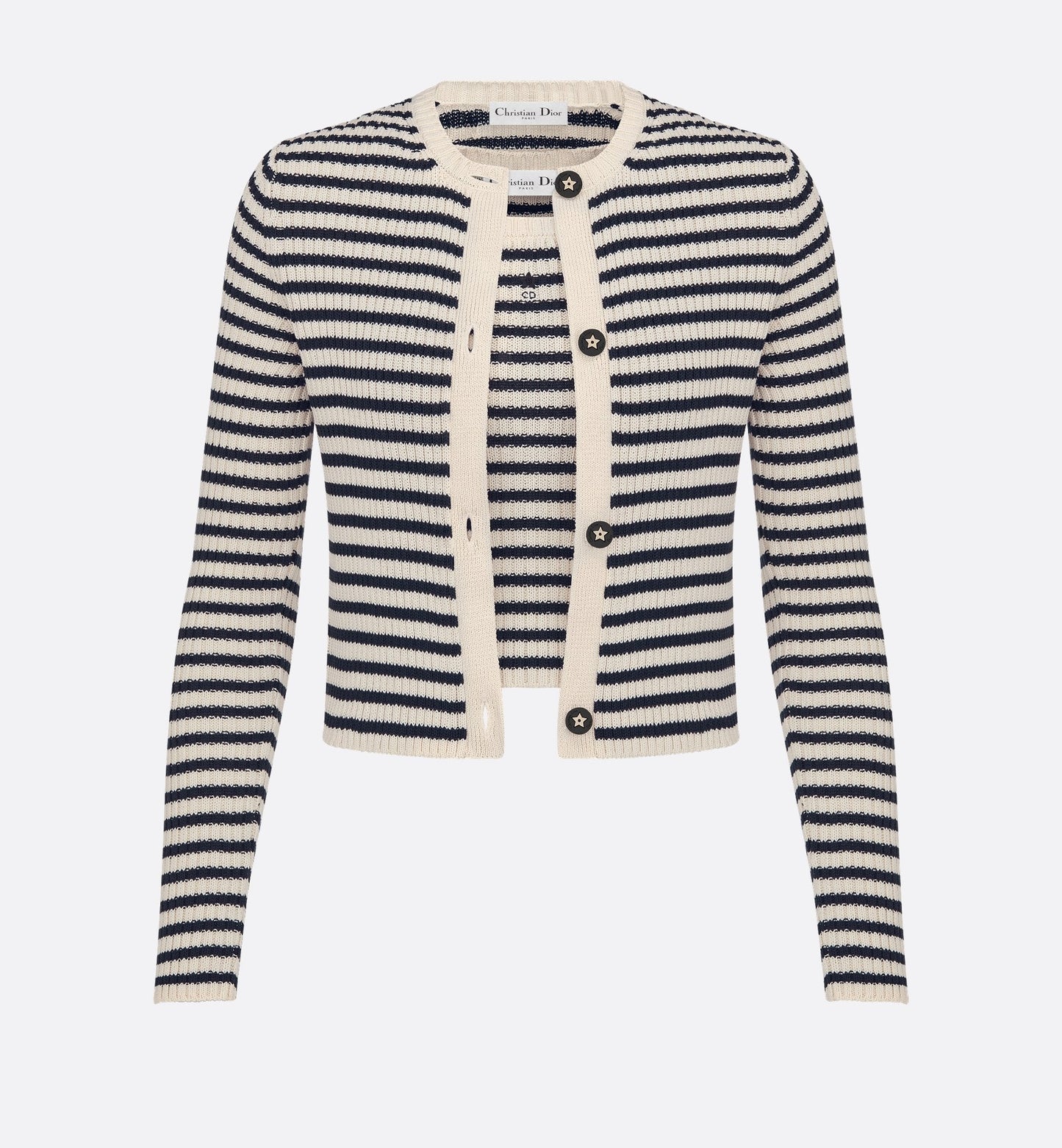 Dioriviera Twinset White And Navy Blue Cotton Ribbed Knit With Luxury DiorMarinière Motif