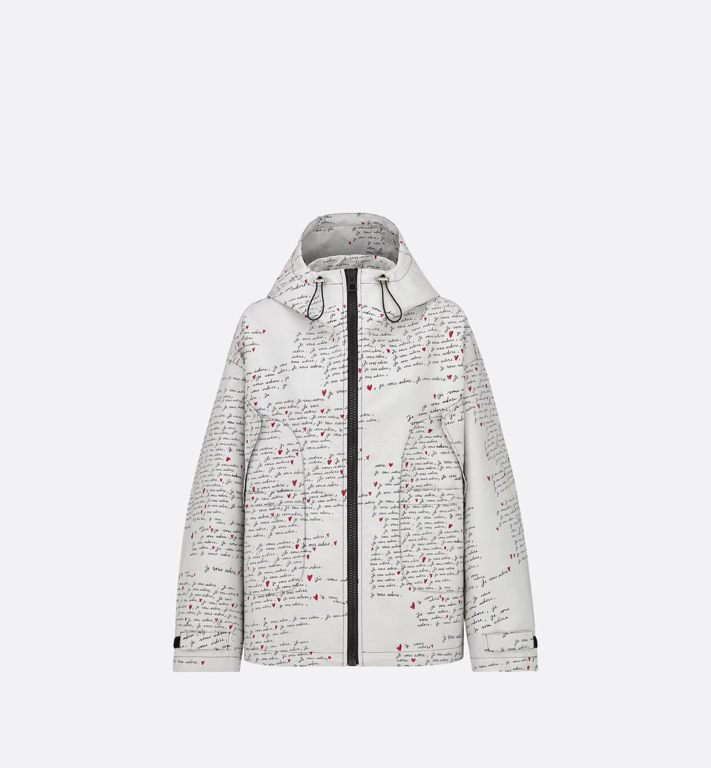 Luxury Dioramour Hooded Anorak White Technical Taffeta Jacquard With Black And Red Je Vous Adore Motif