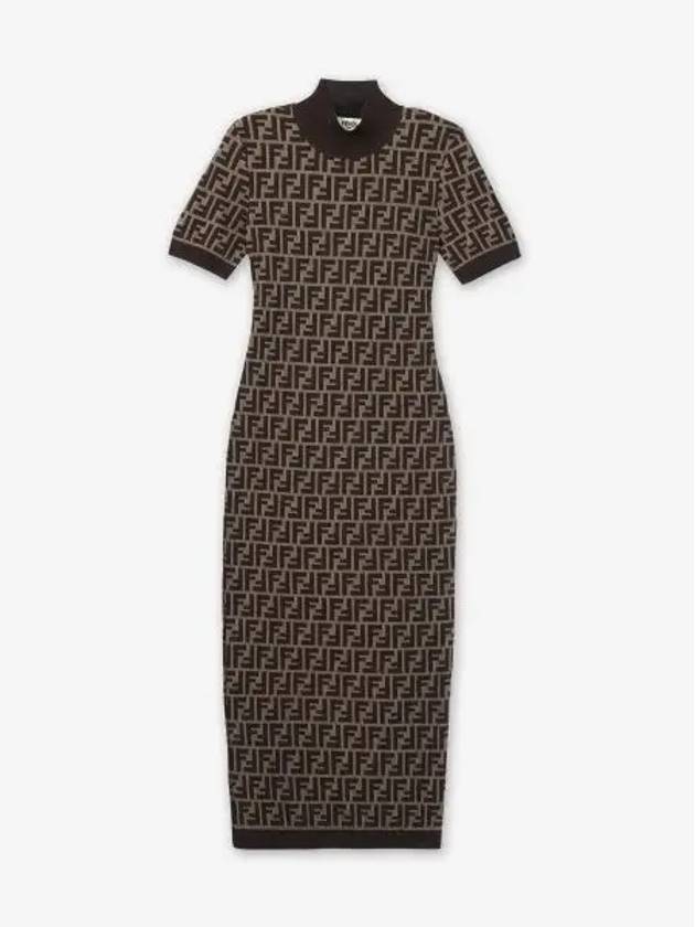 Luxury Fendi FF Cotton Midi Dress Brown