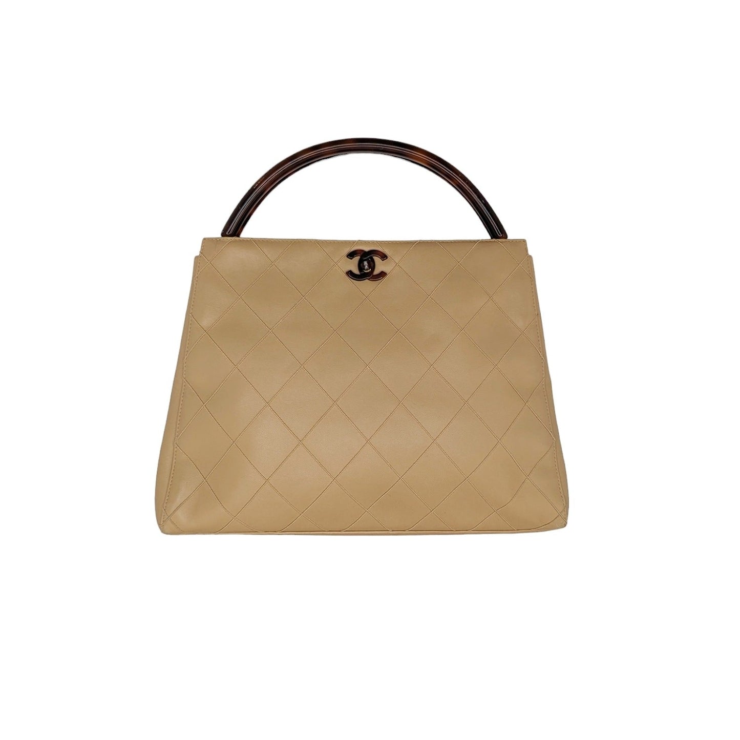 Luxury Chanel Vintage Beige Quilted Tortoise Motif Handle Bag