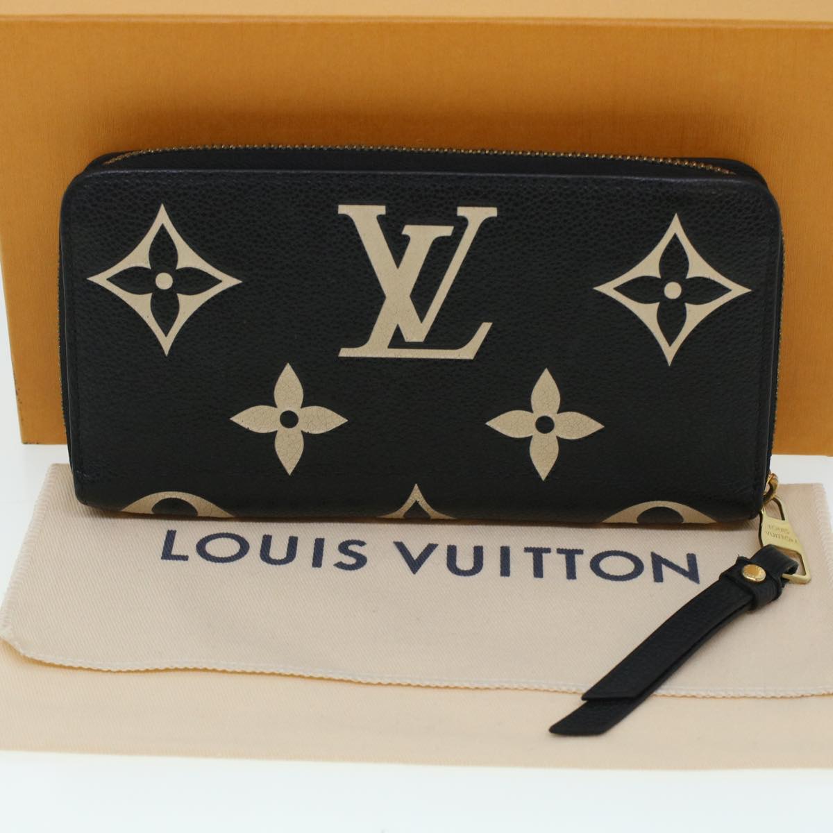 LOUIS VUITTON Monogram Empreinte Zippy Wallet Black Beige M80481 LV 45062