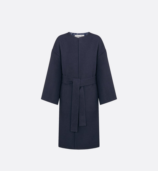 Coat With Belt Navy Blue Double Sided Virgin Wool And Silk With Miss Luxury Dior Allover Interior