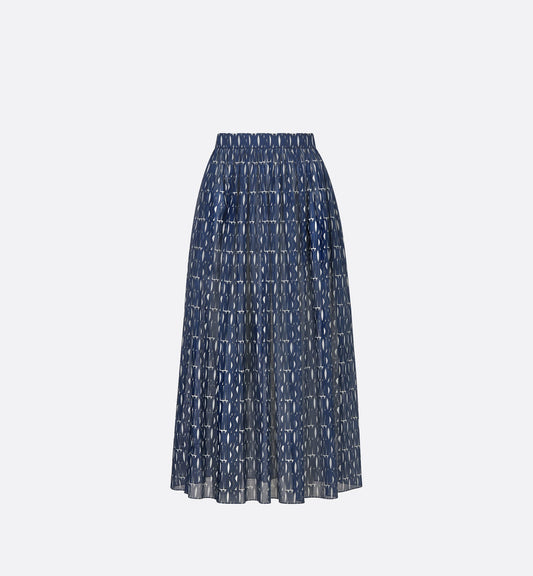 Pleated Mid Length Skirt White Cotton Muslin With Navy Blue Miss Luxury Dior Allover Motif