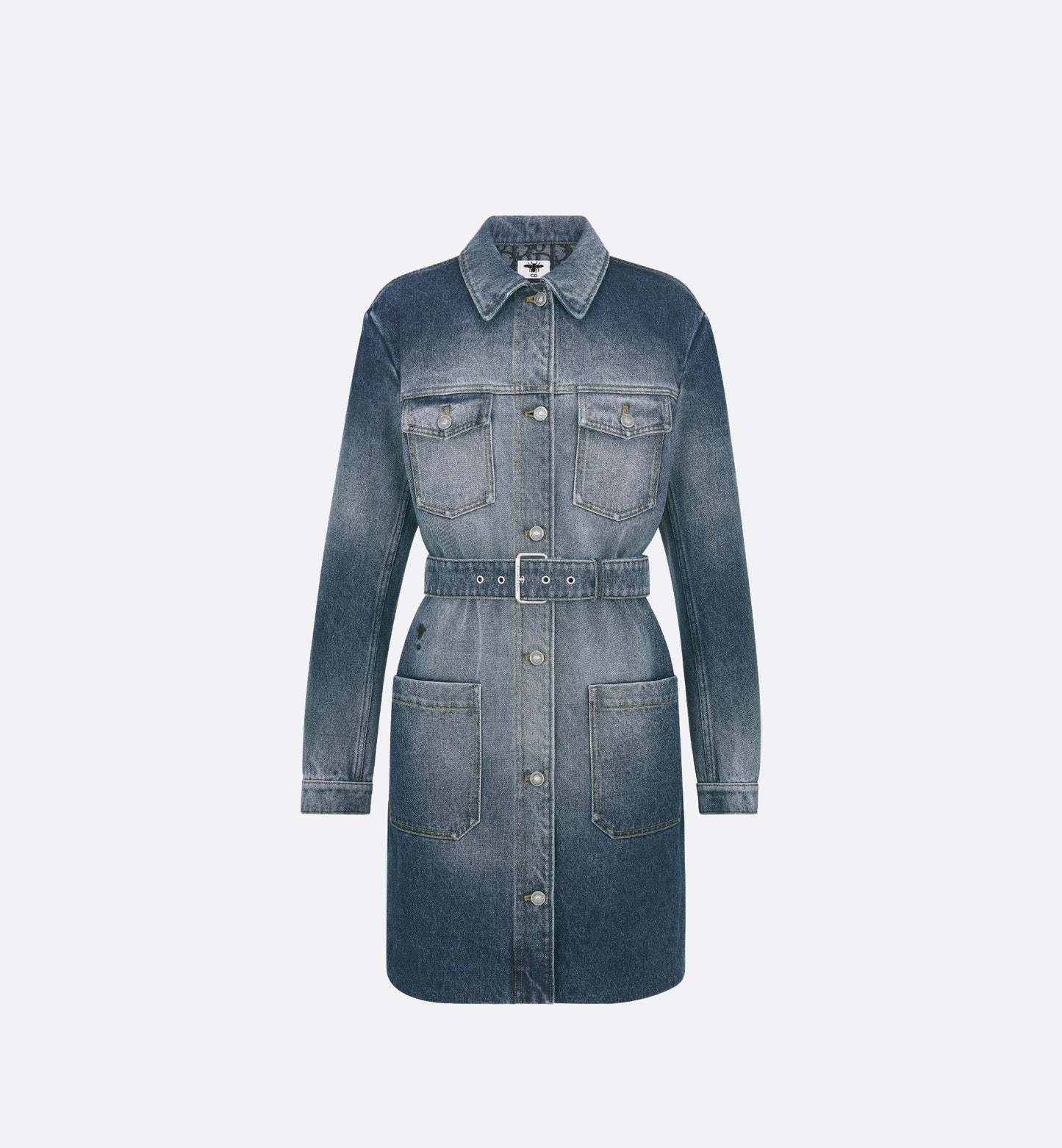 Long Belted Jacket Blue Stonewashed Cotton Denim With Luxury Dior Oblique Interior