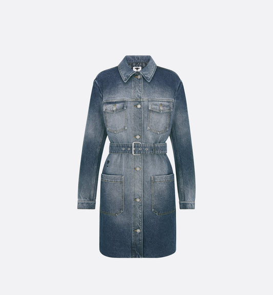Long Belted Jacket Blue Stonewashed Cotton Denim With Luxury Dior Oblique Interior