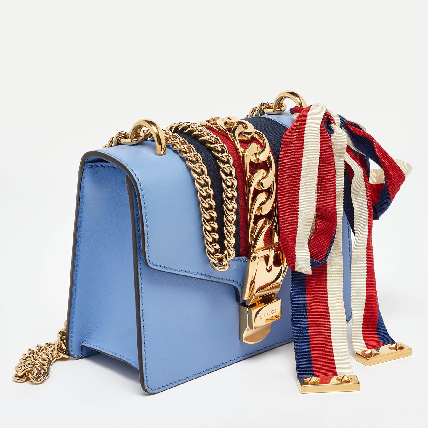 Luxury Gucci Trending 2025 Blue Leather Small Sylvie Chain Shoulder Bag..
