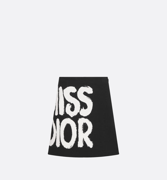 Flared Miniskirt Black Technical Knit With White Miss Luxury Dior Graffiti Motif