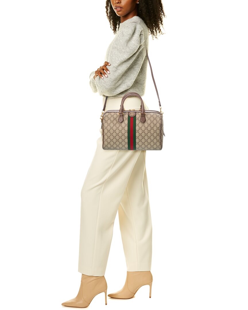 Luxury Gucci Trending 2025 Ophidia Top Handle GG Supreme Canvas & Leather Duffel Bag, Brown