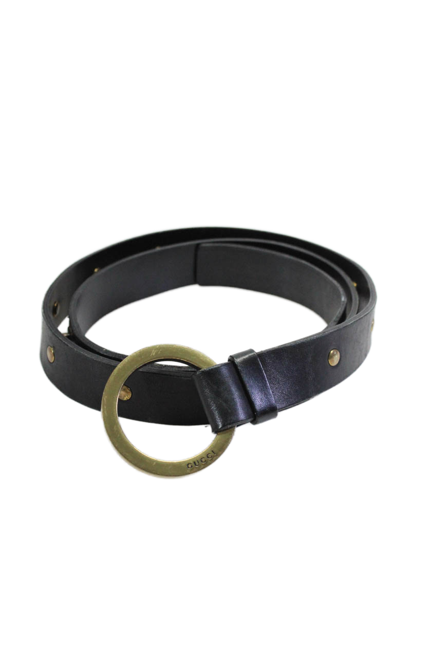 Gucci Womens Leather Gold Tone Studded Ring Belt Black