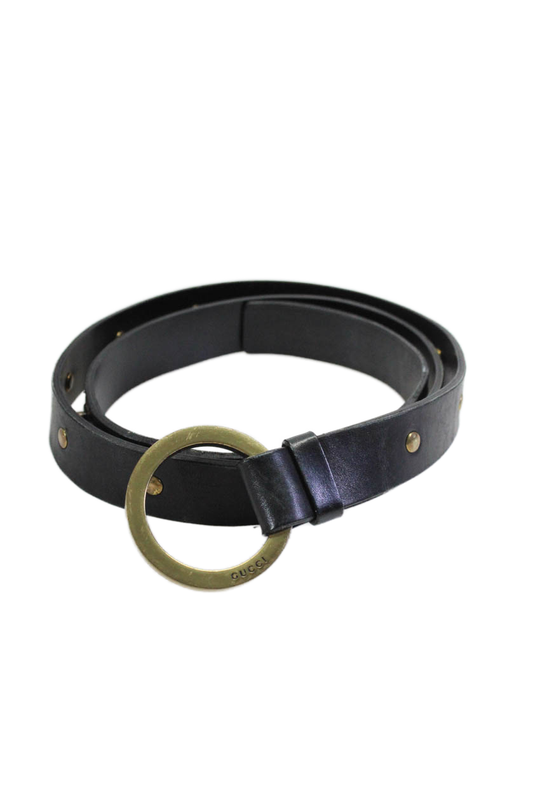 Gucci Womens Leather Gold Tone Studded Ring Belt Black
