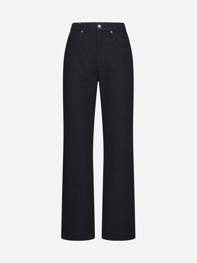 Luxury Fendi Jacquard Logo Monogram Cotton Straight Pants Dark Blue