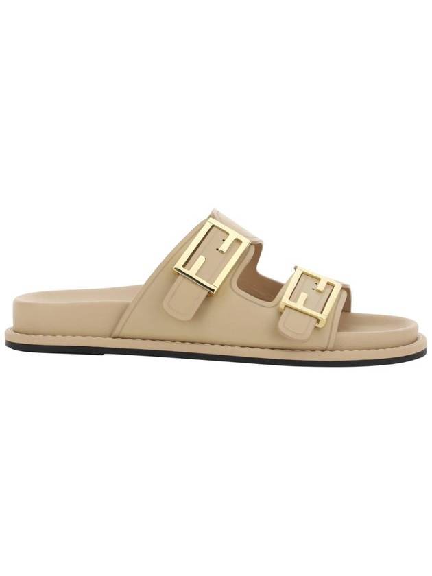 Luxury Fendi Women's FF Leather Fill Flat Sandals Slippers Beige