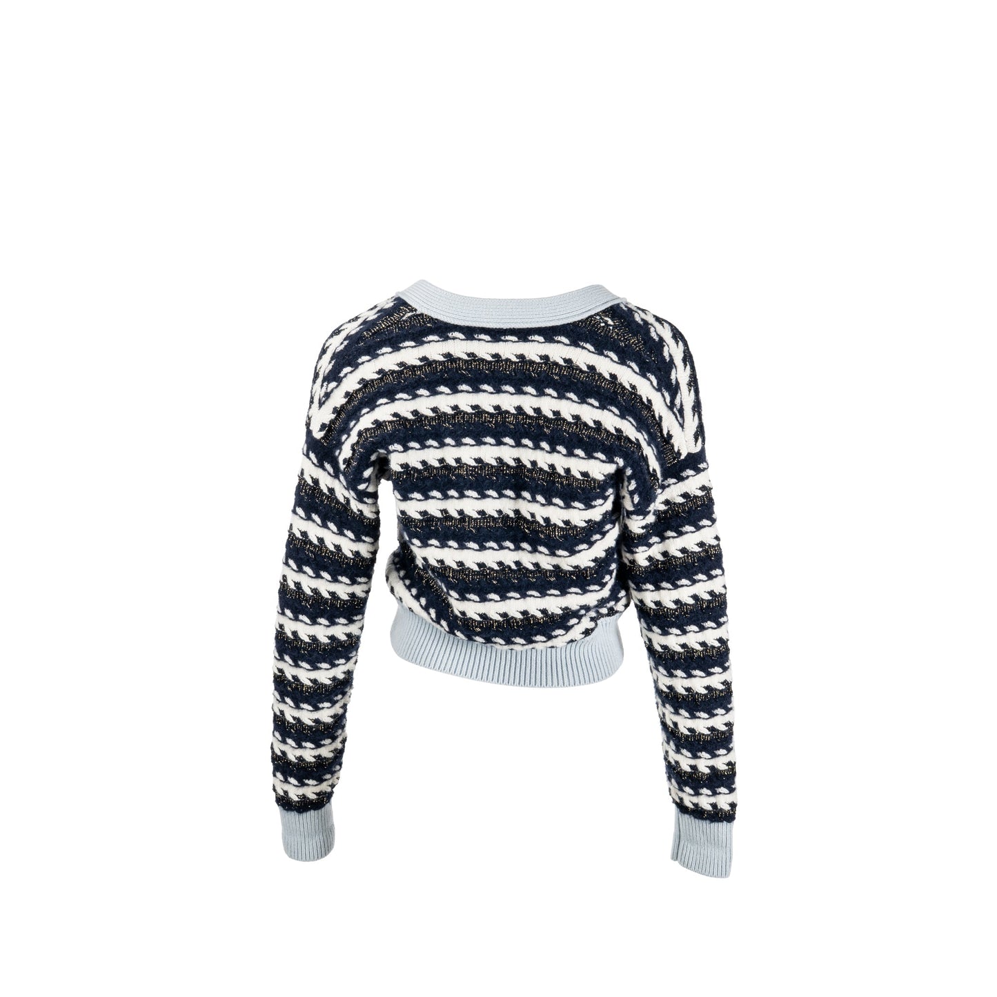 Chanel Size 36 Metal Coco Mark Button Stripe Cardigan Cashmere/Cotton Navy/Blanc/Light Blue SHW