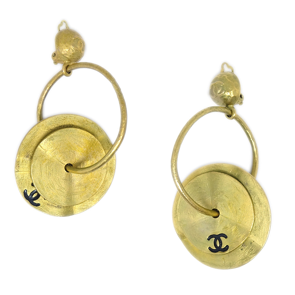 Luxury Chanel Dangle Hoop Earrings Clip-On Gold 94A