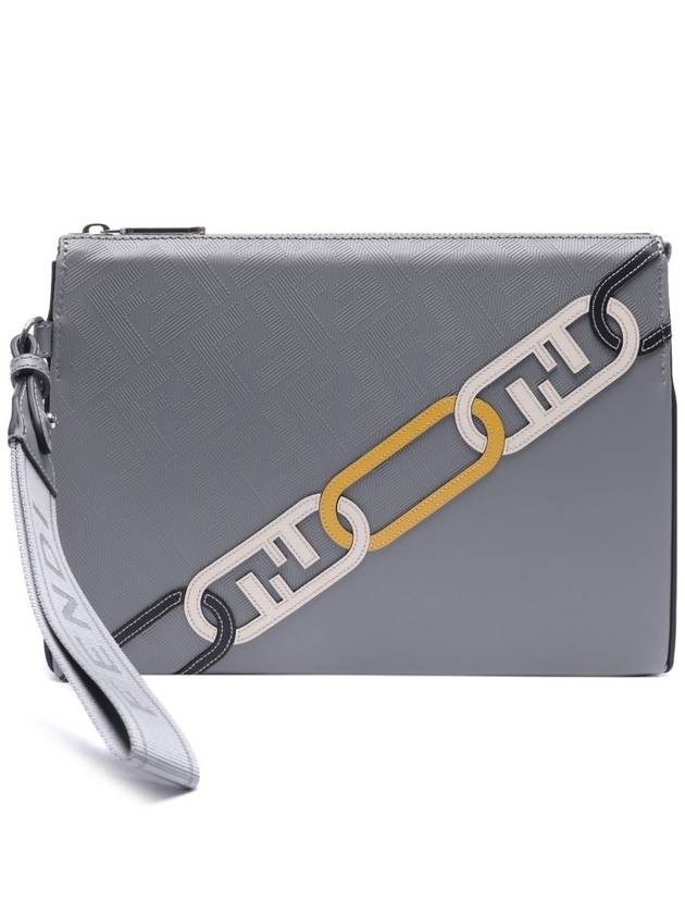Luxury Fendi Men's O Lock FF Chain Print Clutch Bag Grey