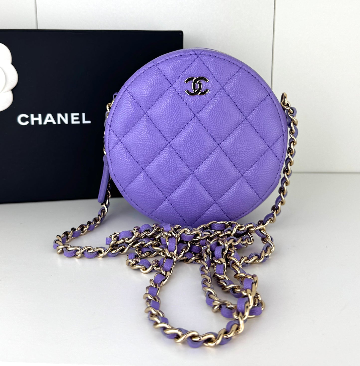 Chanel Caviar Quilted Round Clutch With Chain Purple