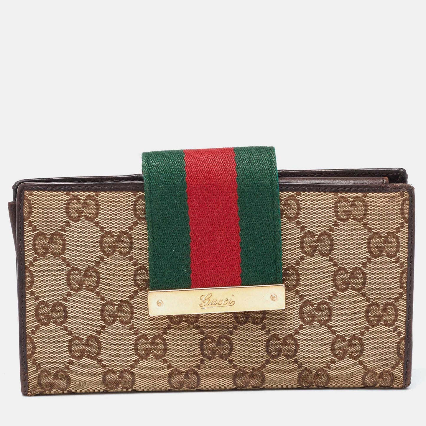 Luxury Gucci Trending 2025 Beige/Ebony GG Canvas and Leather Ladies Web Continental Wallet