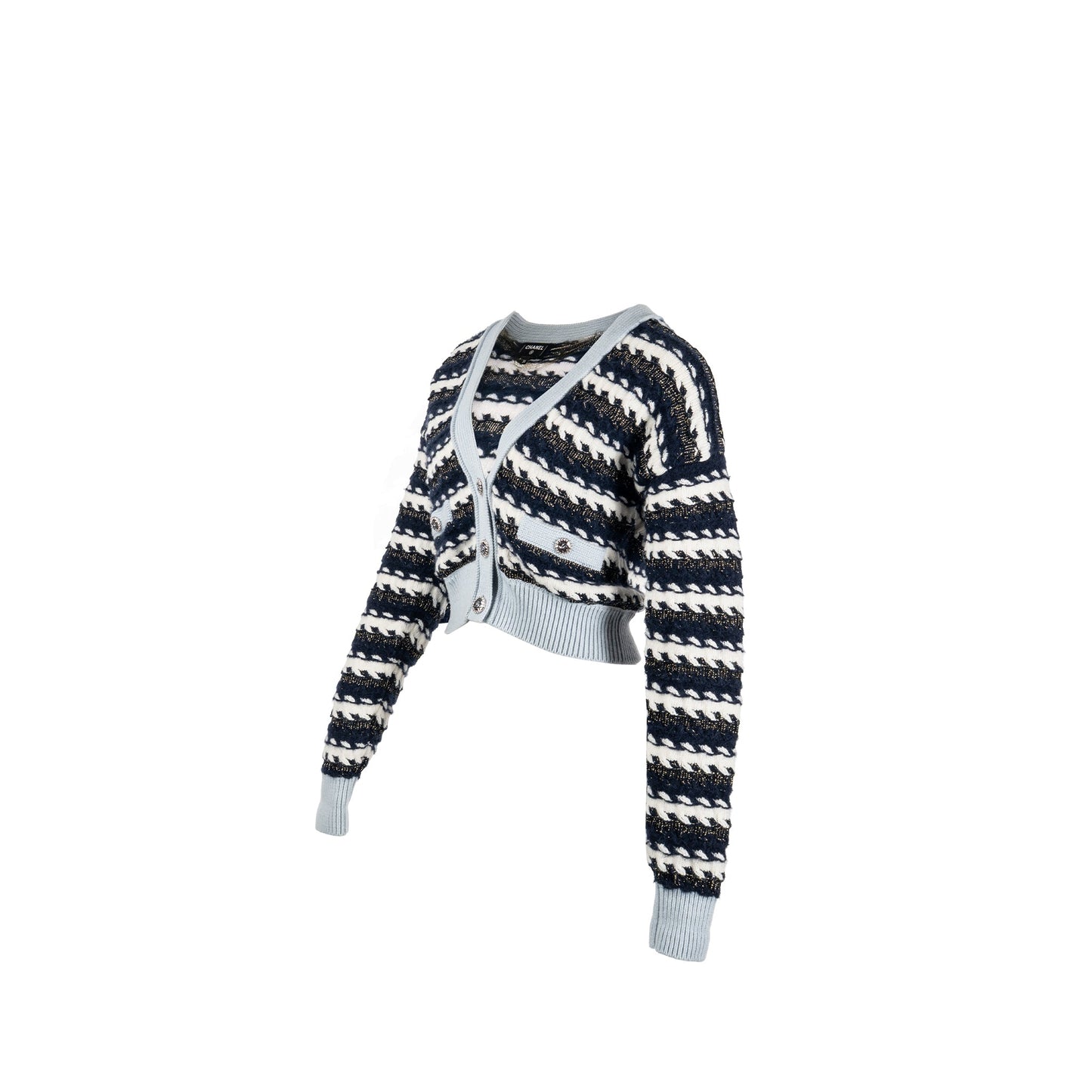 Chanel Size 36 Metal Coco Mark Button Stripe Cardigan Cashmere/Cotton Navy/Blanc/Light Blue SHW