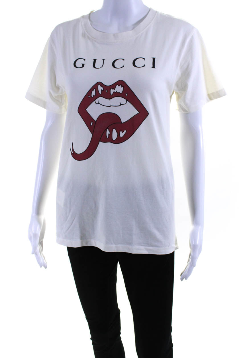 Gucci Womens Forked Tongue Lips Print Short Sleeved Tee Shirt White