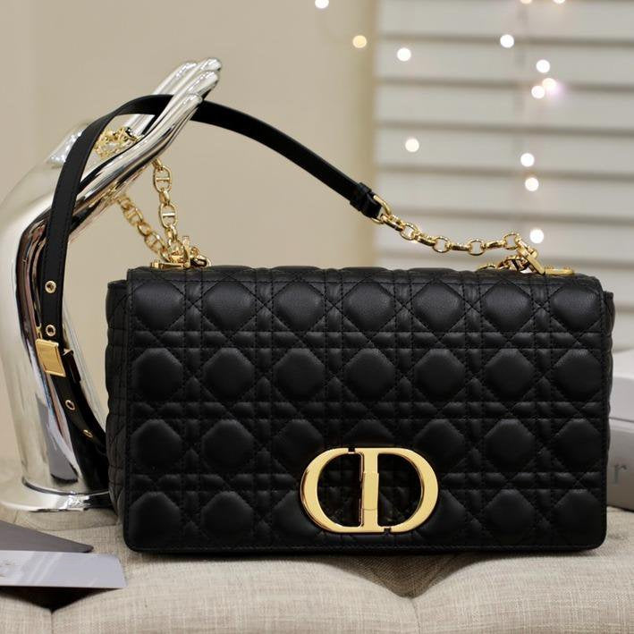 Luxury DiorLARGE CARO BAG 28 BLACK SUPPLE CANNAGE CALFSKIN
