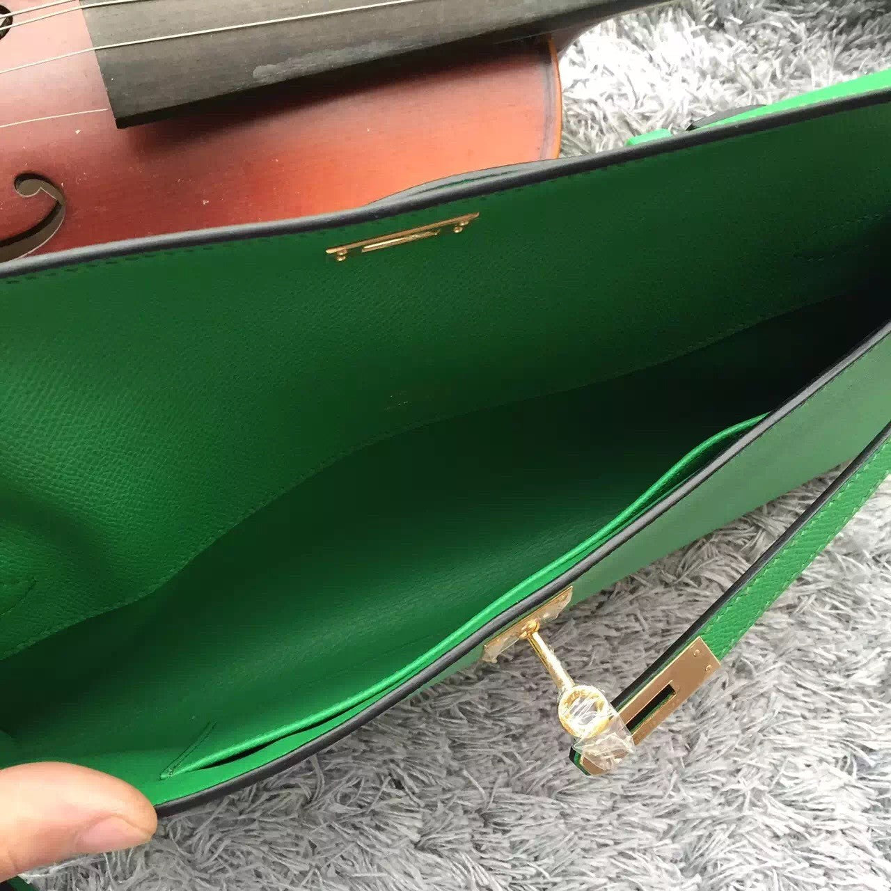 Luxury Hermes Bamboo Handcrafted Kelly Cut Clutch