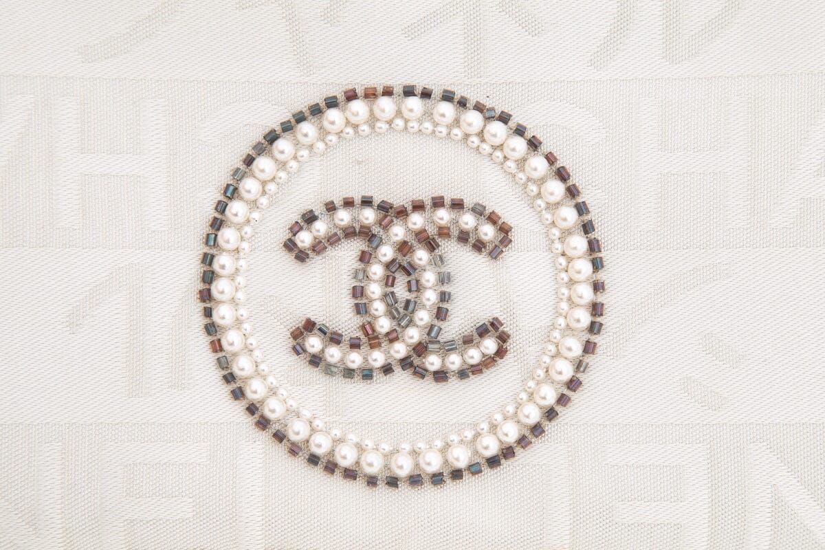 Luxury Chanel Vintage White and Silver Ginza Limited Pearl Coco Mark Pouch